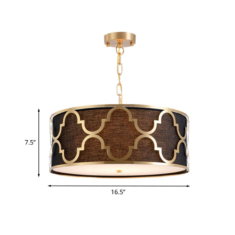 Tela marrón lámpara de araña colgante con forma de tambor 4/5 kit tradicional de luz colgante con protector de jaula quatrefoil