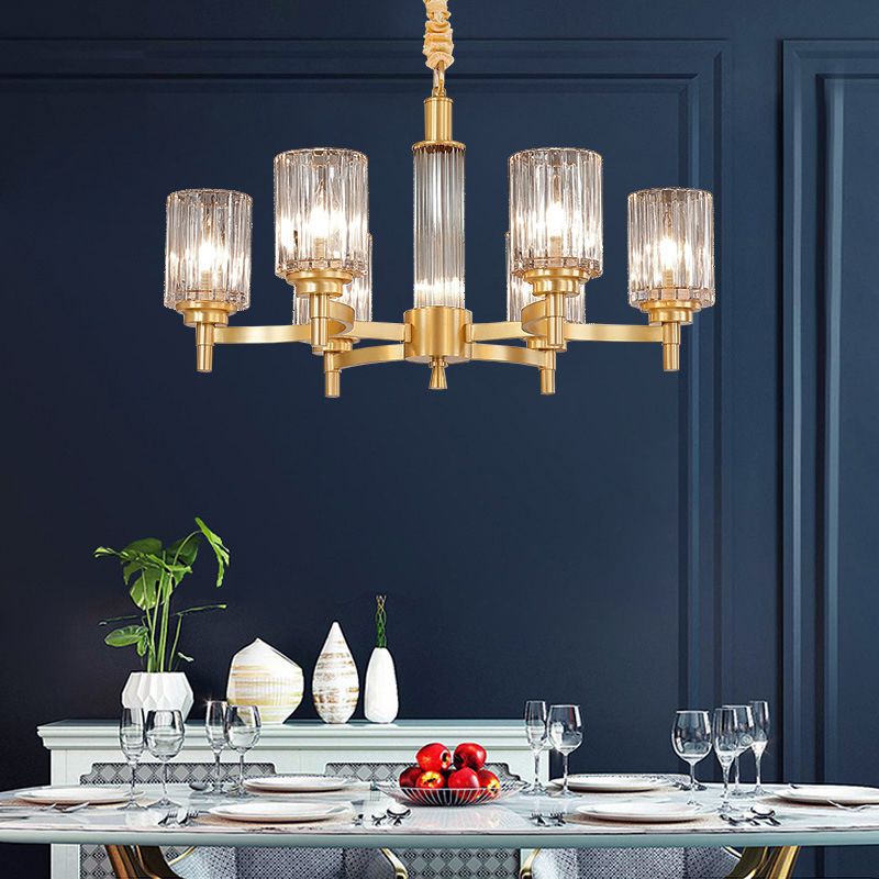 Prismatic Crystal Glass Brass Chandelier Cylindrical Minimalistic Suspension Light Fixture for Restaurant
