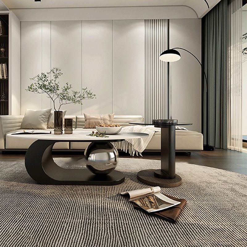 14"H Glam Coffee Table Slate Oval Pedestal Coffee Cocktail Table