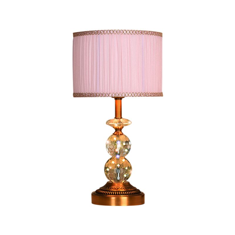 1 Bulb Pleated Fabric Night Stand Lamp Traditional Pink and White/Pink/Coffee Cylinder/Tapered Parlor Table Light with Faceted Crystal Orbs