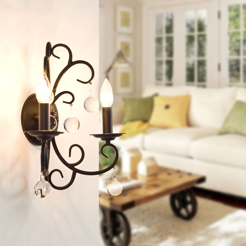 Metal Black Sconce Light Fixture Candle 2-Light Rustic Wall Mounted Lighting for Dining Room with Clear Crystal Ball