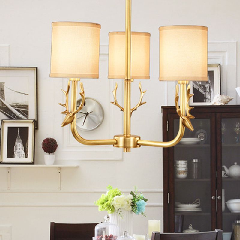 Rustic Antler Hanging Ceiling Light 3/6/8 Bulbs Metal Chandelier in Gold with Cylindrical Fabric Shade