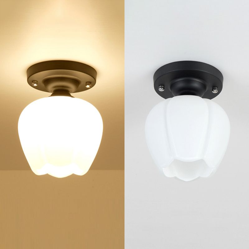 Glass Shade Semi Flush Mount Light Modern Aisle Semi Flush Mount Ceiling Lighting in Black