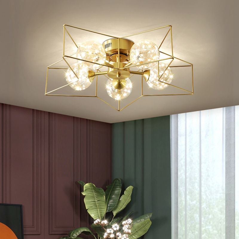 Clear Glass Sphere LED Semi Flush Modern Style 5 Heads Brass Flush Ceiling Light Fixture with Star Metal Frame