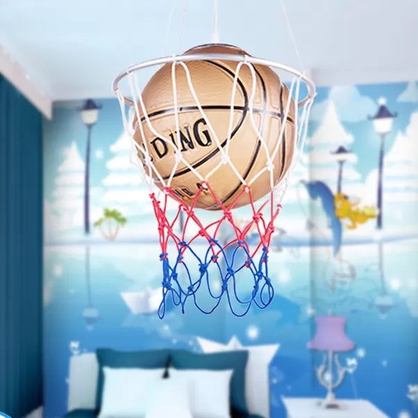 Glass Basketball Pendant Light with Basket Hoop 1 Head Sport Hanging Lamp in Brown for Bedroom