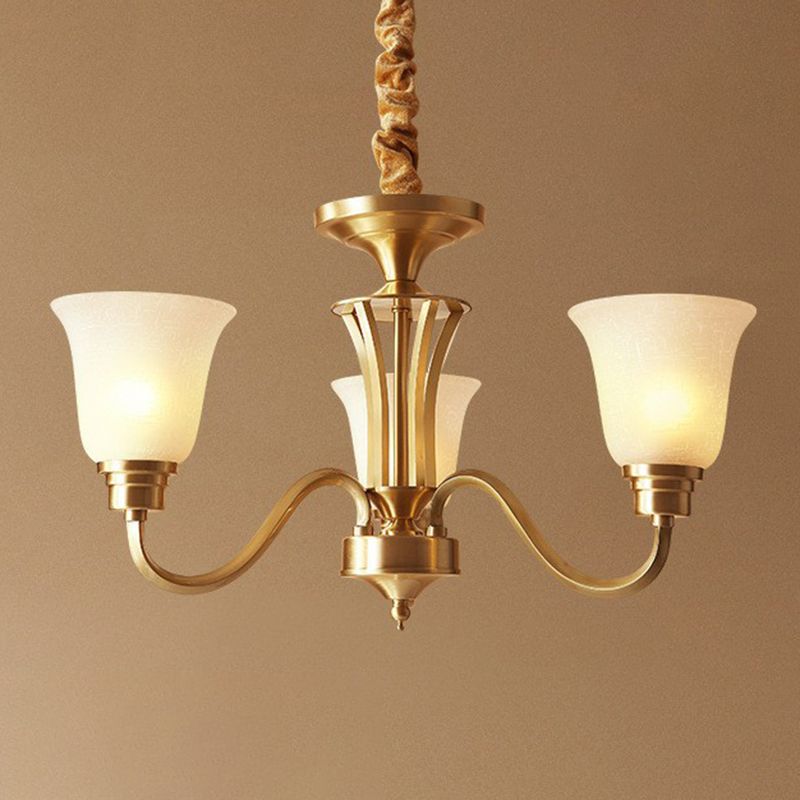 Traditional Flared Up Chandelier Semi-Opaque Glass Pendant Light Fixture in Brass