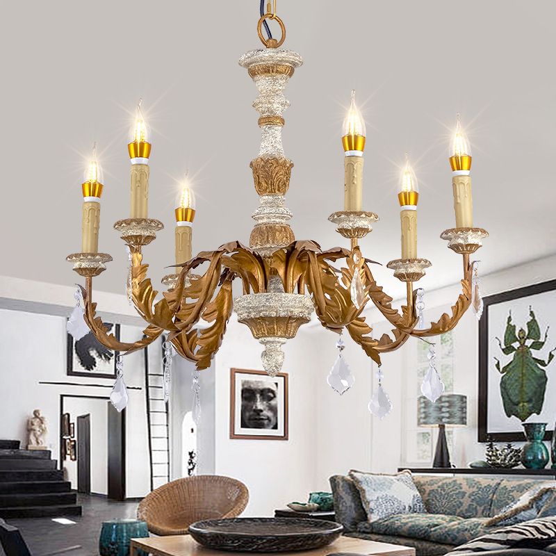 Gold Candle Chandelier Light Traditional Crystal 6 Lights Living Room Hanging Light Fixture