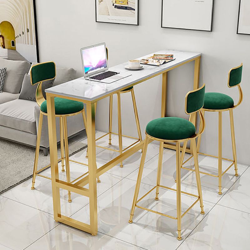 Glam Rectangle Faux Marble Pub Bar Table Gold Iron Bar Dining Table with Trestle Pedestal