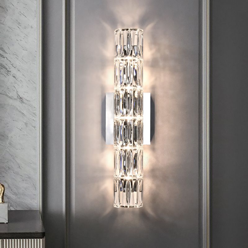 Postmodern Crystal Wall Light Cylinder Multi Light Wall Sconce in Chrome for Bedroom