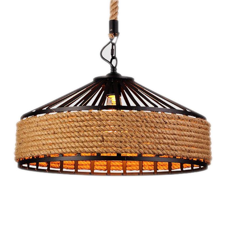 Vintage Black Mongolian Yurt Ceiling Light Hemp Rope1 Light Restaurant Hanging Pendant Lighting