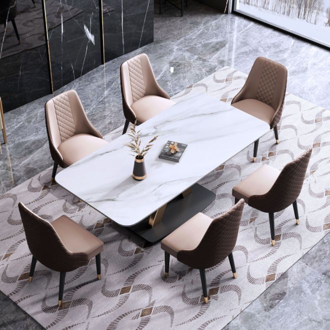 Minimalistischer Esszimmer Set rechteckig gesinterte Stein Esstisch mit Metallbasis