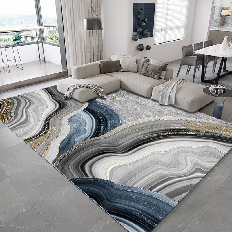 Grey Tone Modern Area Rug Polyester Marbling Print Rug Non-Slip Backing Indoor Rug for Living Room