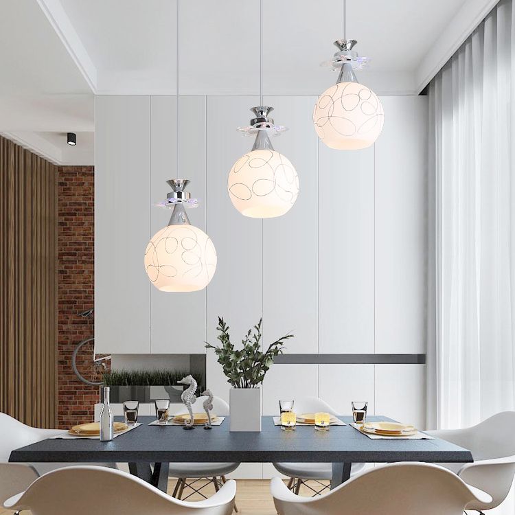 White Glass Shade 3 Lights Pendant Lighting Modern Chrome Finish Ceiling Fixture for Dining Room