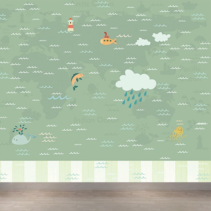 Large Nautical Mural Cartoon Imaginative Sea Life in the Sky Wall Covering in Soft Color