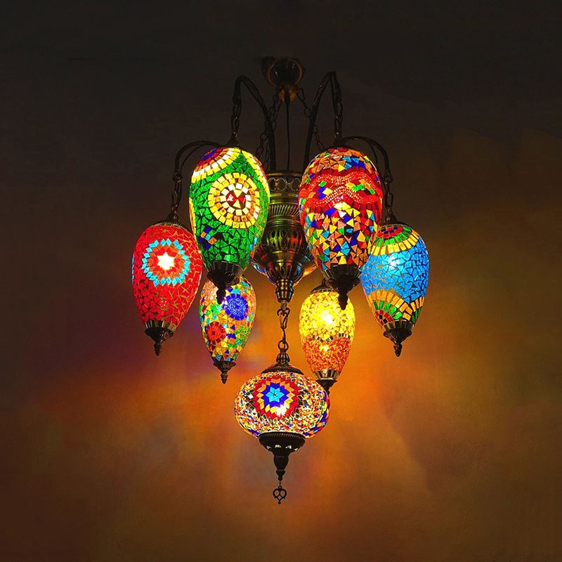 7 Bulbs Coffee House Hanging Chandelier Tradition Ceiling Pendant Light with Droplet Colorful Glass Shade
