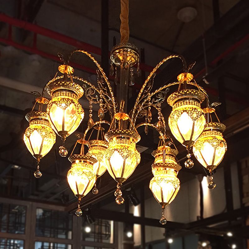 Gold Urn Ceiling Chandelier Art Deco Tan Prismatic Glass 10 Heads Living Room Suspension Pendant with Crystal Accent