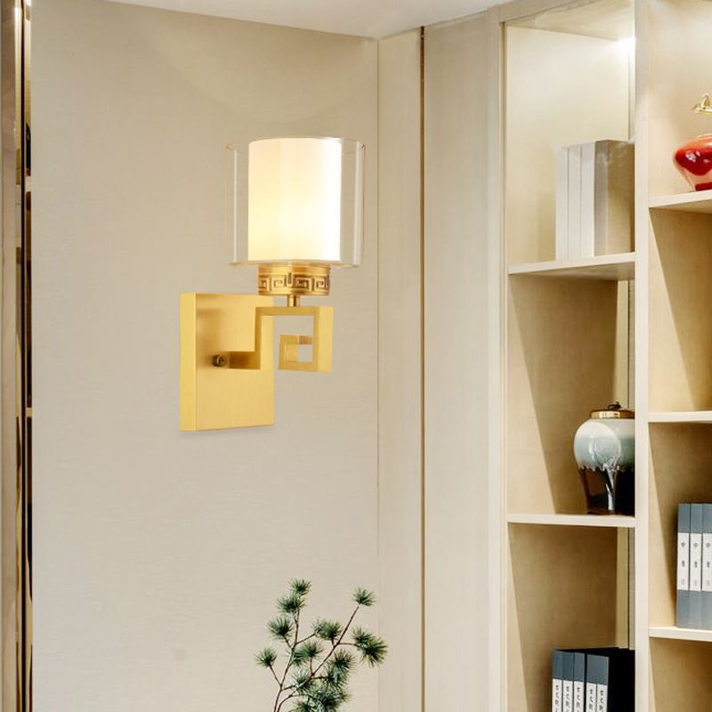 Brass Finish Drum Wall Mount Lamp Modern Style Double Glass 1 Light Hallway Wall Sconce