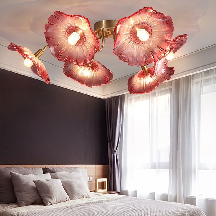 Lámpara de semi rascijada de metal dorado iluminación de techo de flores múltiples modernas con sombra de vidrio