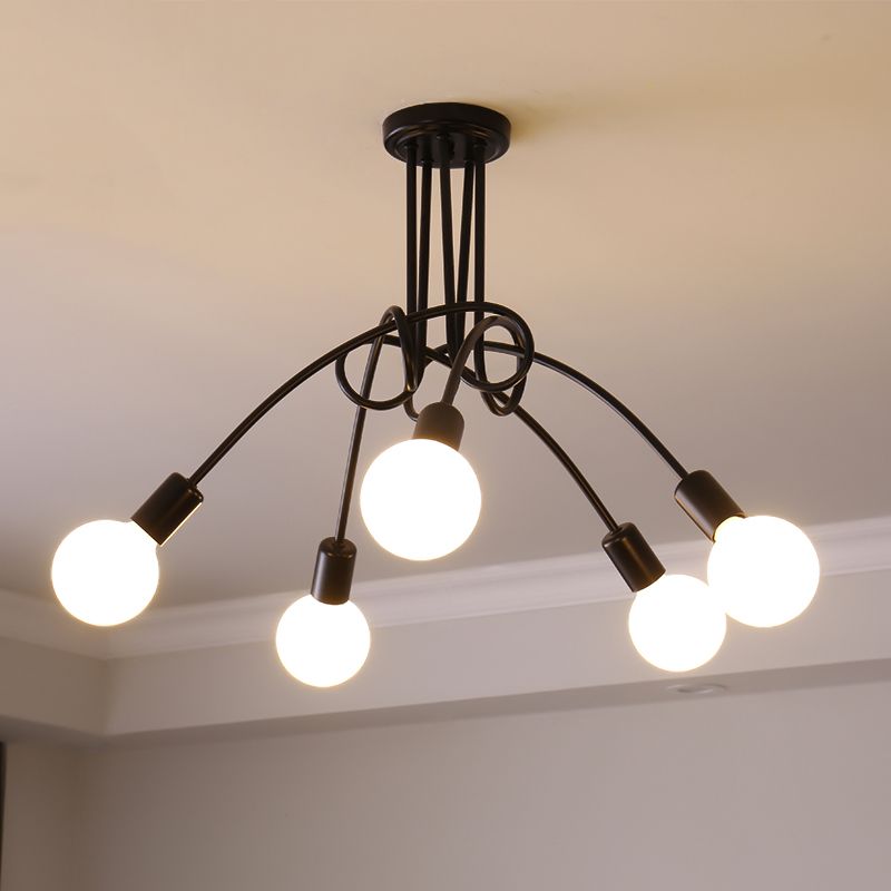 Exposed Bulb Radial Semi Flush Mount in Industrial Creative Style Wrought Iron Ceiling Light
