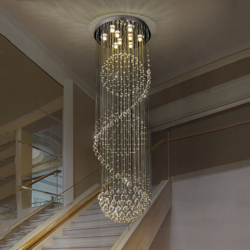 Black Orbs and Rods Cluster Pendant Modern Clear Crystal 9-Bulb Stair LED Ceiling Hang Fixture