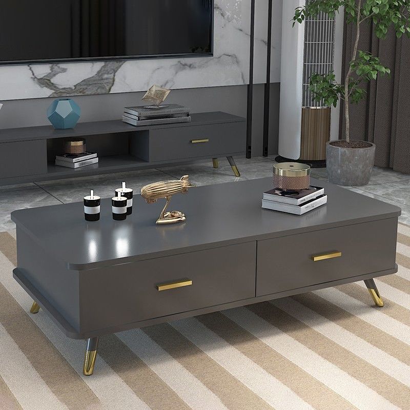 Contemporary Wooden Coffee Table with 4 Legs and 2 Storage Drawers