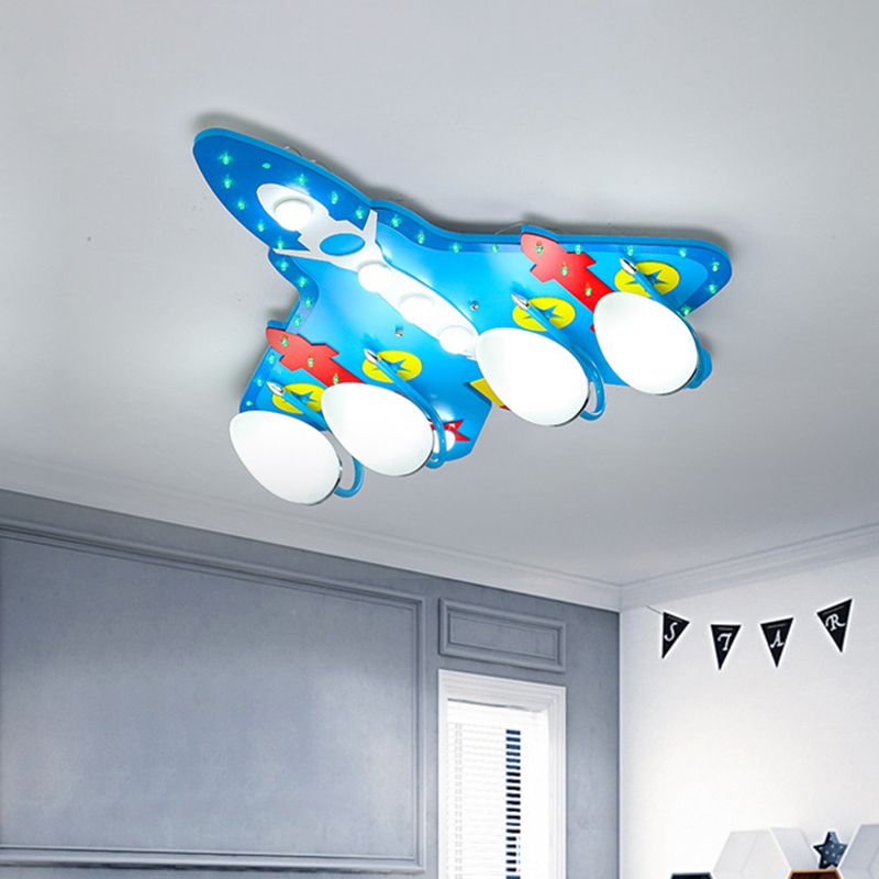 Egg Close to Ceiling Lamp Kids Opaline Glass 4 Lights Nursery Semi Flush Mount Lamp with Aircraft Design in Blue