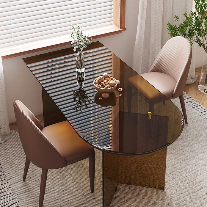 Glass Top Dining Table Modern Table with Double Pedestal Base