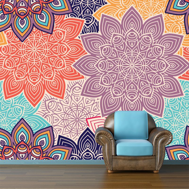 Bohemian Sunflower Print Murals Wallpaper Multicolored Living Room Wall Covering, Optional Size