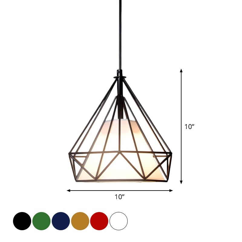 Lámpara de cuello de techo de diamantes de loft 1 cabeza de colgante de hierro de cabeza en negro/blanco/verde con tono de tela de cono en el interior