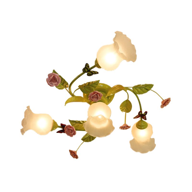 Spiral Bedroom Semi-Flush Mount Traditional Opaque Glass 4/7 Bulbs Green Ceiling Light Fixture