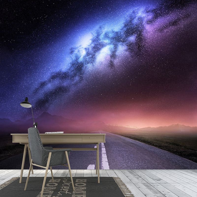 Road and Galaxy Mural Wallpaper for Bedroom Modern Wall Decor in Purple, Customized Size Available