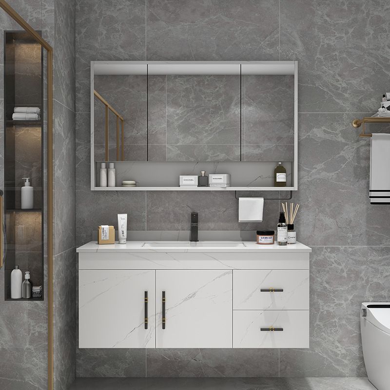 Stone Top Vanity Set Single Sink Mirror Drawers Wall-Mounted Rectangle Vanity with 2 Doors