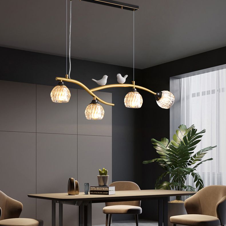 4 Lights Brass Branch Shaped Island Light Pineapple Texture Glass Shade Modern Style Dining Room Lighting Fixture with Ceramic Bird Decoration