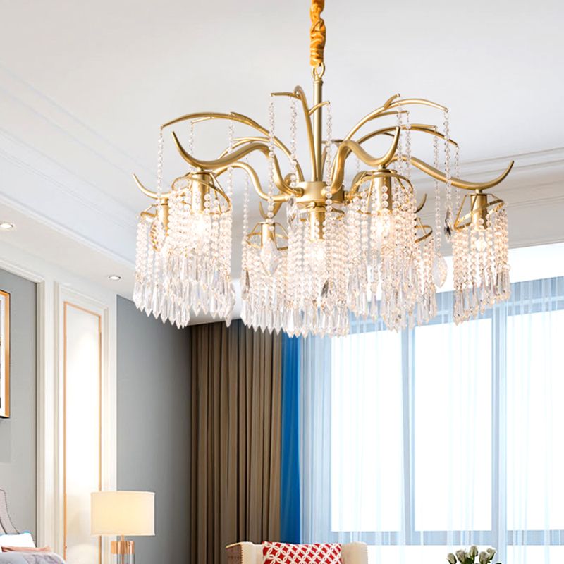 Gold Finish Chandelier Lamp Antique Crystal Tassel Hanging Light Fixture for Bedroom