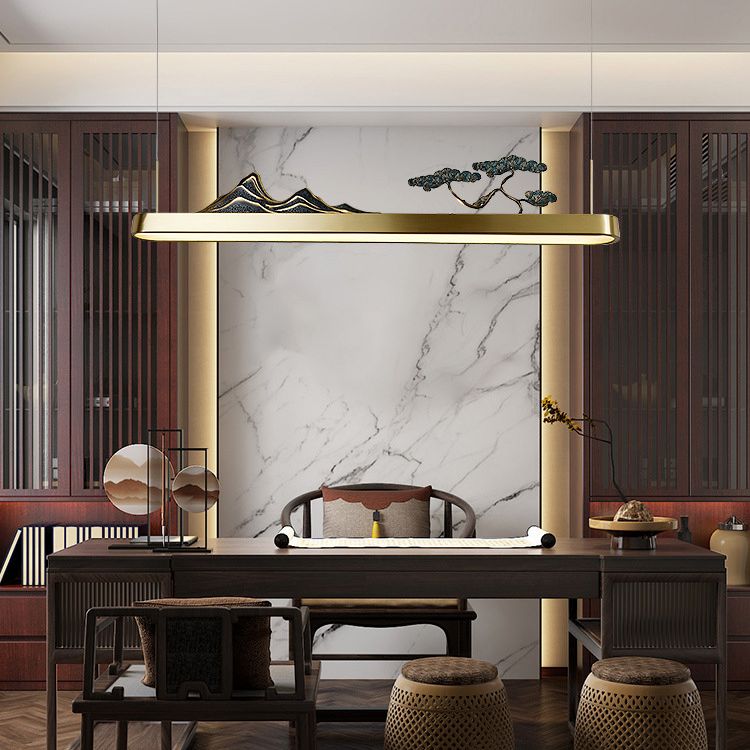 Chinese Luxurious Gold LED Island Pendant Lighting Metal Linear Island Ceiling Light for Tearoom