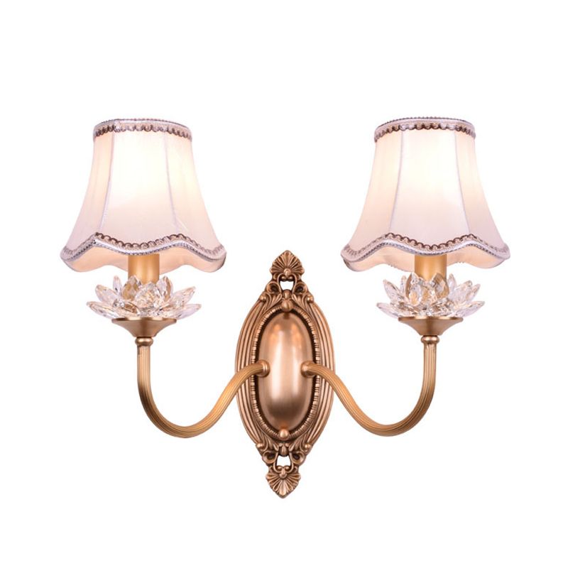 2 Heads Crystal Wall Lamp Traditional Brass Scalloped Living Room LED Wall Sconce Light