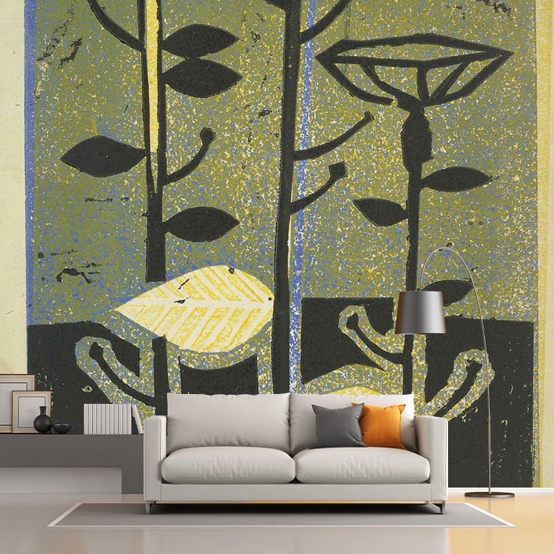 Art Deco Flowers Painting Murals Yellow-Brown Bedroom Wall Decoration, Custom-Print