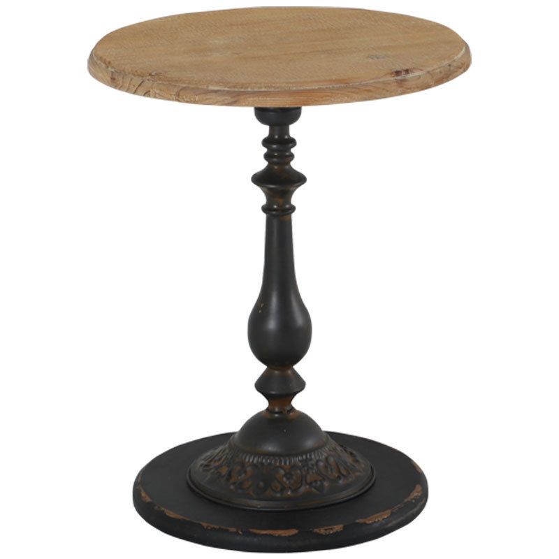 French Country Round Solid Wood Top Coffee Table Iron Pedestal Cocktail Table
