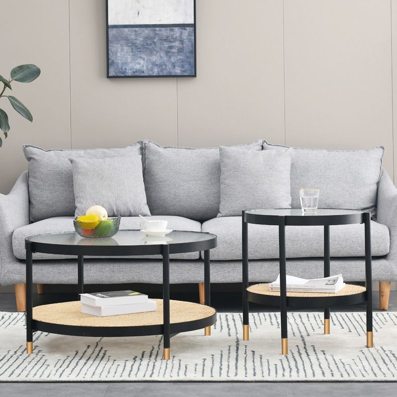 Modern Clear Glass Coffee Table with Storage Round 4 Legs Cocktail Table Set