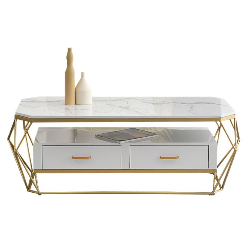 Modern Slate Geometric Coffee Table Gold Metal Frame Coffee Table with Storage