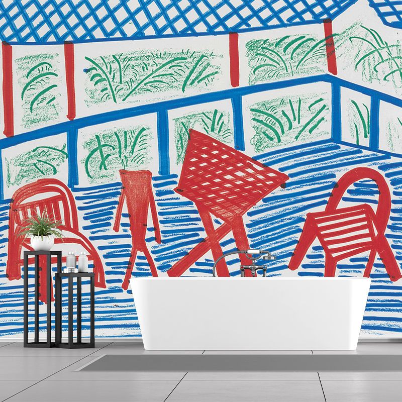 Modern Courtyard Dinette Wall Mural Red-Blue-Green Washable Wall Art for Living Room