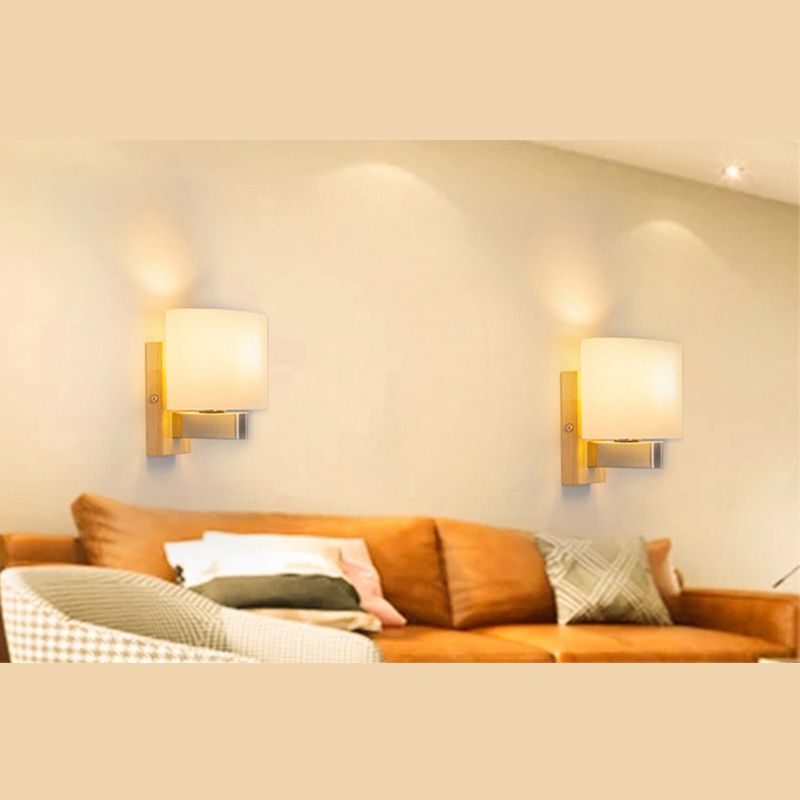 Rectangular Glass Shade Bedroom Wall Lamp Nordic Simplicity Single Bulb Sconce Light with Solid Wooden Base