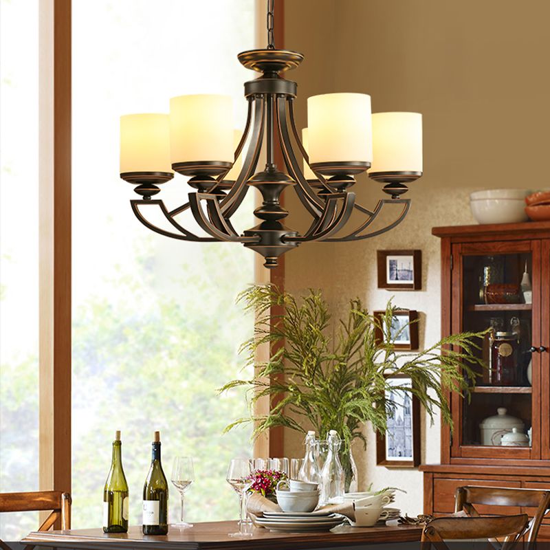 Traditional Starburst Pendant Chandelier 3/6 Lights Metal Ceiling Lamp Fixture in Black for Living Room with Cylinder Frosted Glass Shade