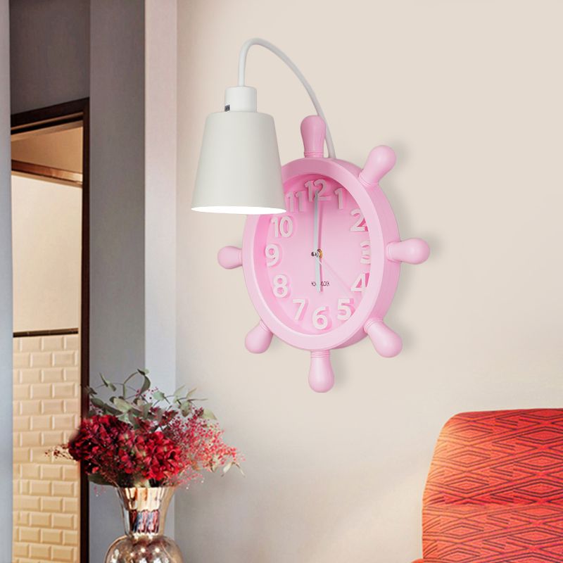 Clock Wall Mounted Light with Rudder Design Kids Metal 1 Light Pink/Blue Finish Wall Lamp Fixture for Bedside