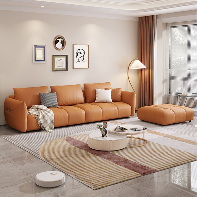 Scandinavian Genuine Leather Orange Pillows Square Arm Living Room Seating