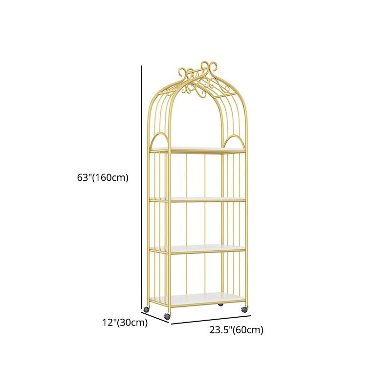 Gold Vertical Bookshelf Iron Frame Solid Wood Shelf Bookcase with Caster Wheels
