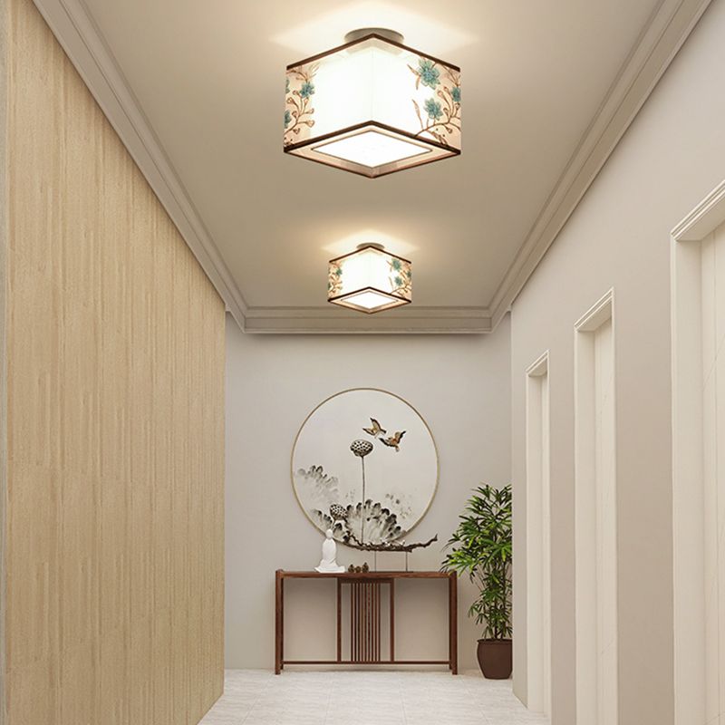 Chinese Style Flush Mounted Ceiling Lights Fabric Shade Lighting Fixture for Foyer Bedroom