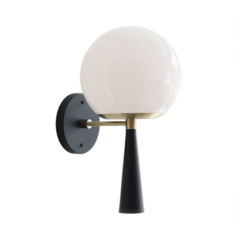 White Glass Globe Wall Light Fixture Post Modern 1-Bulb Black Wall Mount Lamp for Bedroom