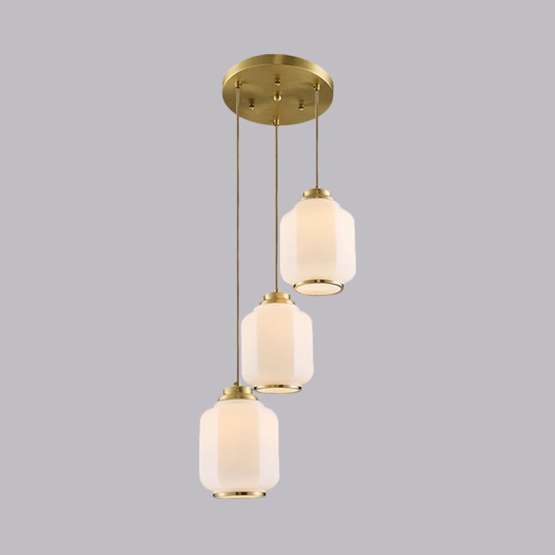 3-Light Multi Ceiling Light Traditional Lantern White Glass Pendant Lamp Fixture in Brass with Round Canopy