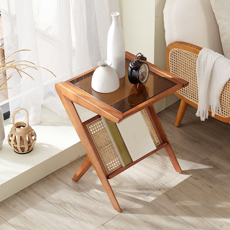 Cross Legs End Table Glass Top End Table  with Shelf 21.6 "Tall for Living Room